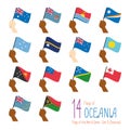 Set of 14 flags of Oceania. Hand raising the national flags of 14 countries of Oceania.