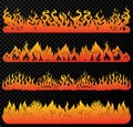 Set of flame and fire in vintage style. Hand drawn engraved monochrome bonfire or burn sketch. Vector illustration for