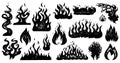 Set of flame and fire in vintage style. Hand drawn engraved monochrome bonfire sketch. Vector illustration for posters Royalty Free Stock Photo