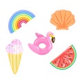 Set of flamingo, rainbow, watermelon, ice cream cone, seashell pool floats on water. Air mattress and ring buoy type