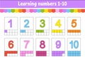Set flash cards for kids. Learning numbers 1-10. Education developing worksheet. Activity page for school. Color game for children Royalty Free Stock Photo