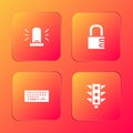 Set Flasher siren, Safe combination lock, Keyboard and Traffic light icon. Vector