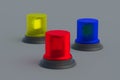 Set of flashers of red, blue and yellow colors on gray background