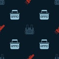 Set Flashlight, Bulletproof vest and Ammunition box on seamless pattern. Vector Royalty Free Stock Photo