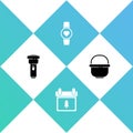 Set Flashlight, Calendar with tree, Smart watch showing heart beat rate and Camping pot icon. Vector