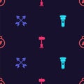 Set Flashlight, Crossed arrows, Road traffic signpost and Compass on seamless pattern. Vector