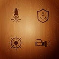 Set Flashlight, Octopus, Ship steering wheel and Anchor inside shield on wooden background. Vector