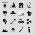 Set Flashlight, Paw print, Shirt, African hut, Camping hat, Mushroom, Spider and Animal cage icon. Vector