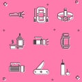 Set Flashlight, Rafting boat, Head flashlight, Thermos container, and Swiss army knife icon. Vector Royalty Free Stock Photo