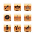 Set Flashlight, Thermos container, Slingshot, Lighter, Compass, Campfire, Rafting boat and Head flashlight icon. Vector