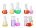 Set of flasks and beakers with colorful liquids on white background. Chemical reaction