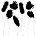A set of flat black isolated silhouettes of balloons of different shapes on white . Simple flat vector illustration. Suitable for Royalty Free Stock Photo