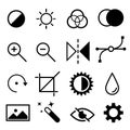 Set of flat black and white editing icons. Contrast, brightness, hue, color, filter, curve, levels symbols.