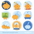 Set flat business concept icon with piggy bank circle financial terms
