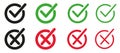 Set of flat buttons. Green ticks and red crosses. Circle and different thickness of lines. Vector graphics