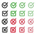 Set of flat buttons. Green ticks and red crosses. Circle and square and different thickness of lines. Vector graphics