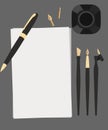 Set of flat calligraphy stationery top view. Pen, nibs, ink and paper on gray background. Vector elements Royalty Free Stock Photo