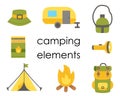 Set of flat camping elements for creating logos, cards and posters. Royalty Free Stock Photo