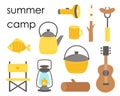 Set of flat camping elements for creating logos, cards and posters. Royalty Free Stock Photo