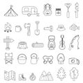 Set of flat camping elements for creating logos, posters, worksheets. Black and white Royalty Free Stock Photo