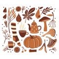 Set of flat cartoon fall, autumn season objects