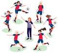 Set of flat cartoon girls playing in football and woman referee in judge uniform, vector stock illustration isolated on