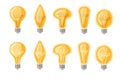 Set of flat cartoon incandescent lamps yellow retro light bulbs vector illustration isolated on white background Royalty Free Stock Photo