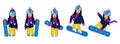 Set of flat cartoon snowboarders riding and jumping.