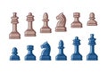 Set of flat chess piece icons isolated on white background. Board game. Black silhouettes. Royalty Free Stock Photo