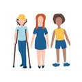 Set of flat children illustration - child on crutches, red headed girl and afro-american bo