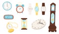 Set of flat clock. Vector set isolated on a white background. Vintage and digital watches. Wristwatch and hourglass Royalty Free Stock Photo