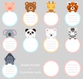 Set of flat colored cute and simple animals holding a circle note cards