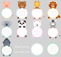 Set of flat colored cute and simple animals holding a circle note cards with hind legs