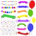 Set of flat colored insulated garlands, confetti, ribbons of banners and balloons on ropes on a white background. Suitable for Royalty Free Stock Photo