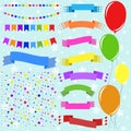 Set of flat colored isolated balloons on ropes and garlands of flags. A set of ribbons of banners of different shapes. Background Royalty Free Stock Photo