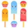 Set of flat colored isolated cartoon cakes drizzled a glaze of orange, red, blue. The striped baskets. Set of cute ice-cream on a Royalty Free Stock Photo