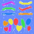 Set of flat colored silhouettes isolated ribbons banners and balloons on a blue background. Simple flat vector illustration. With Royalty Free Stock Photo