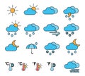 Set of flat colored weather icons. Weather forecast. Vector icons.