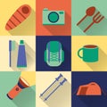 Set of flat colorful hiking, trekking and camping icons.