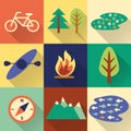 Set of flat colorful hiking, trekking and camping icons.