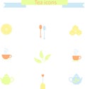 Set of flat colorful tea icons on white: tea spoons, lemon slice, sugar cubes, steam cups, teapots, tea bag, tea leafs