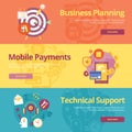 Set of flat design concepts for business planning, mobile payments, technical support.