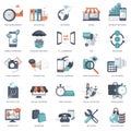 Set of flat design icons for business, pay per click, creative process, searching, web analysis, time is money, on line shopping.