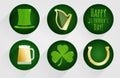 Set of flat design icons for St. Patrick`s Day, isolated on dark green round background. Royalty Free Stock Photo