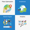 Set of flat design illustration concepts for place optimization, search engine, investment, analytics.