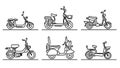 Set of flat design images of bicycle simple scooters and mopeds drawn in art line style Royalty Free Stock Photo