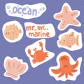 Set of flat design ocean marines animals stickers Royalty Free Stock Photo