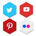 Set of flat design sale stickers. Vector illustrations of Twitter, Yoututbe, Pinterest and Flicker on white background