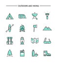 Set of flat design, thin line hiking and outdoors icons