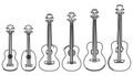 Set of flat design vector images of simple stringed musical instruments ukulele drawn by lines